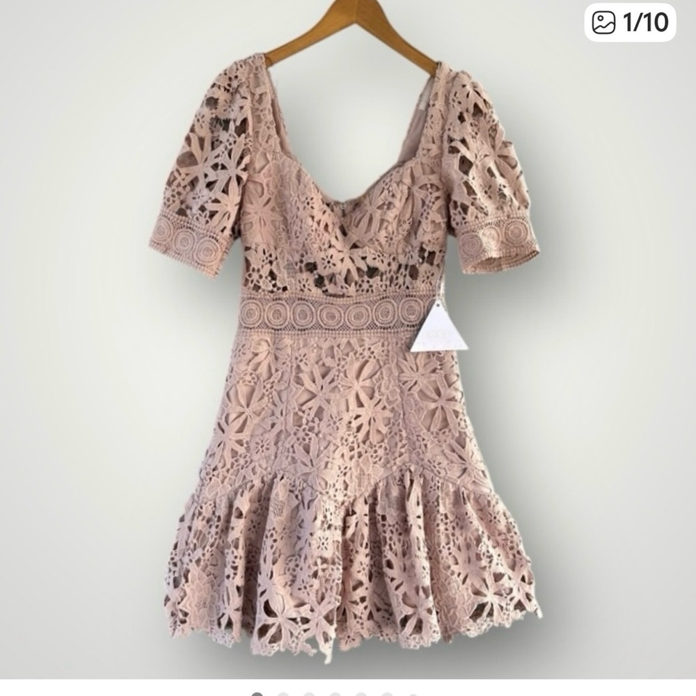 Love Triangle Blush/ Taupe/Pink Crochet Mini Dress
